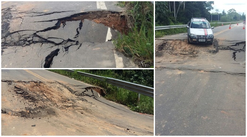 Ponte sobre rio Cigana afunda e compromete trafegabilidade da BR 364