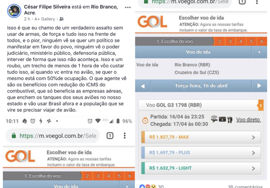 Preço de passagem aérea de Rio Branco para Cruzeiro do Sul assusta consumidores