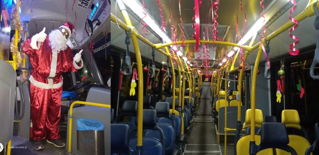 Motorista trabalha vestido de Papai Noel e entrega lembrancinhas aos passageiros