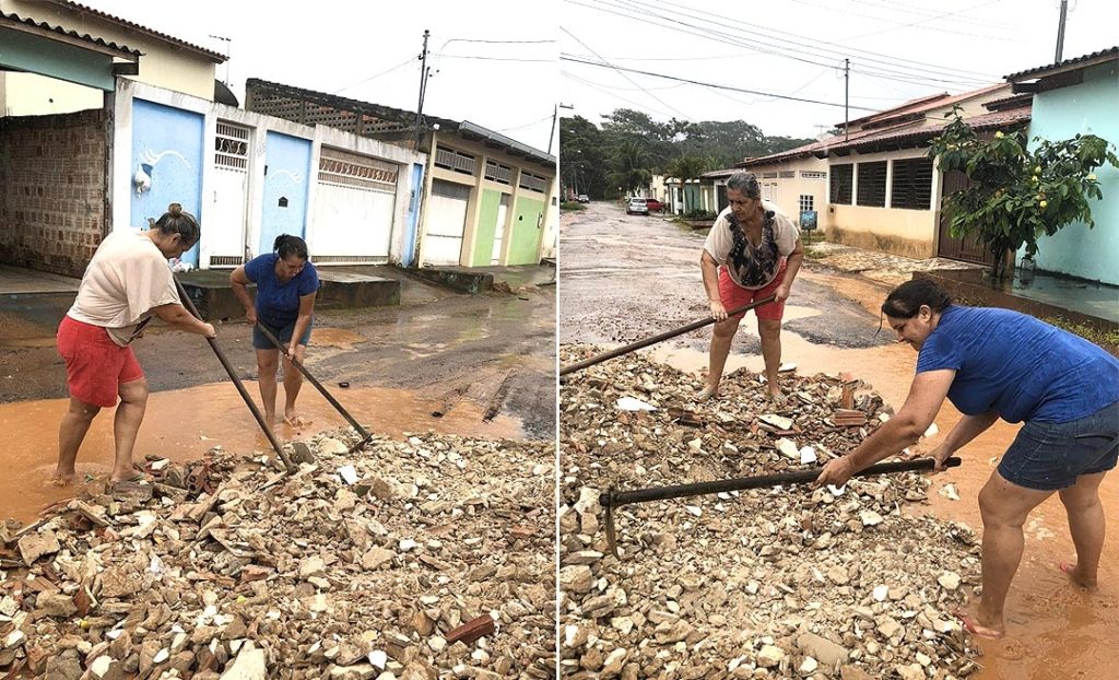 Cansados de esperar, moradores de bairro da capital fazem “operação tapa-buraco” com concreto; assista