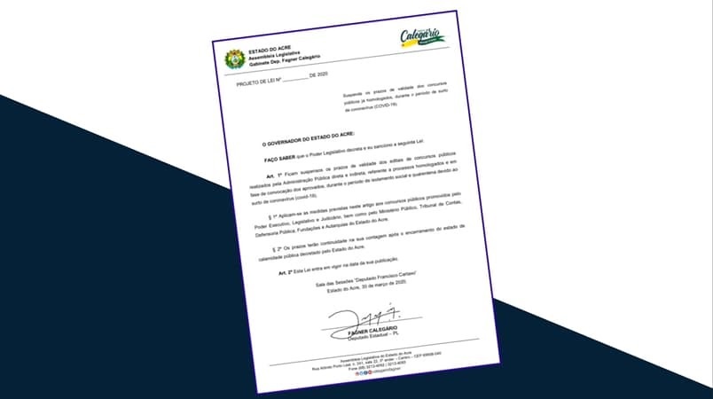 Conforme anunciado na última segunda-feira, Calegário apresenta Projeto de Lei que suspende prazos de concursos públicos