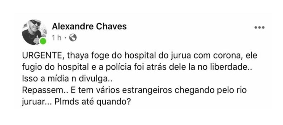 Publicação no Facebook alertando sobre caso de coronavírus em Cruzeiro do Sul é FAKE NEWS
