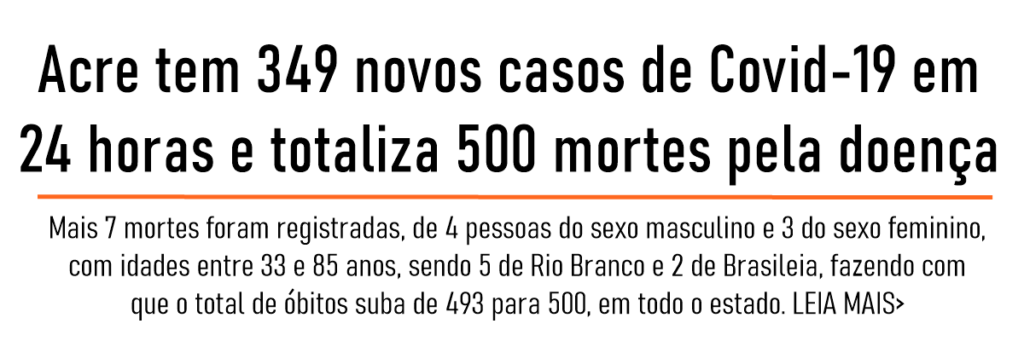 Acre tem 349 novos casos de Covid-19 em 24h e totaliza 500 mortes pela doença