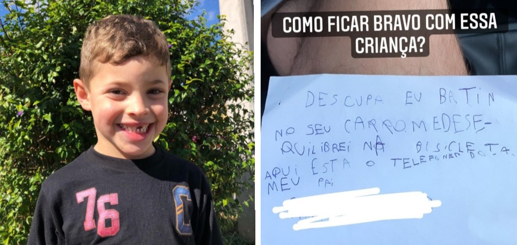 ‘Fiquei preocupado, mas o bem vai e volta’, diz criança que caiu de bicicleta, riscou carro e deixou bilhete de desculpas