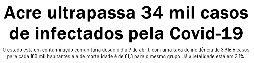 Acre tem mais de 34,2 mil infectados pela Covid-19 e 711 mortes confirmadas pela doença
