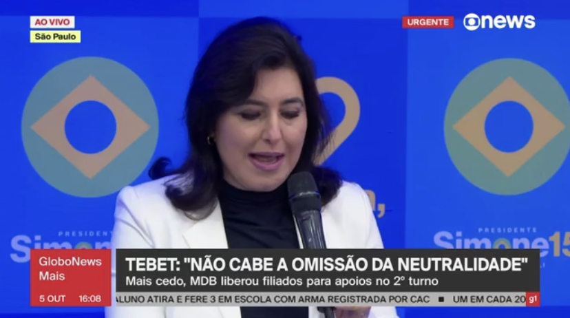 Simone Tebet, terceira colocada nas eleições, declara apoio a Lula no segundo turno