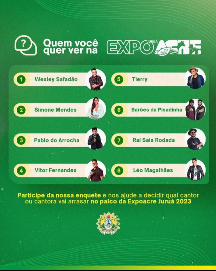 Governo propõe enquete nas redes sociais para escolha da principal atração musical da ExpoAcre Juruá