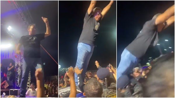 VÍDEO: Prefeito se empolga em festa, joga na plateia, mas acaba caindo no chão