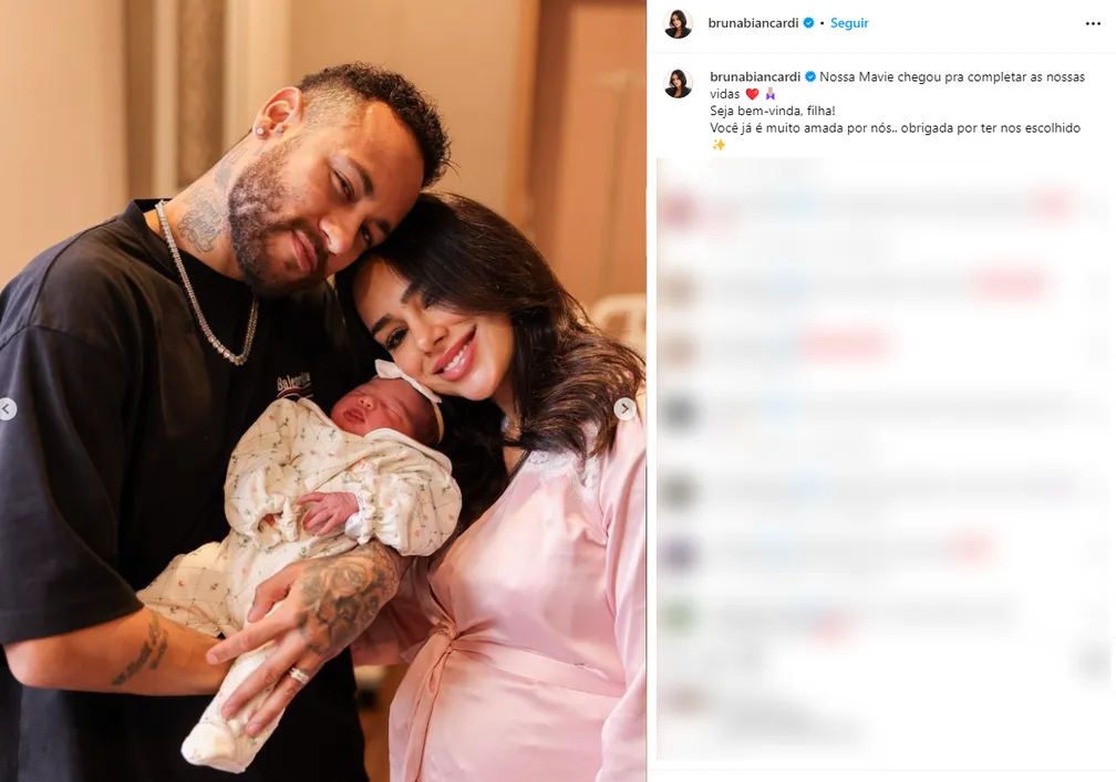 Bruna Biancardi e Neymar postam as primeiras fotos com a filha Mavie