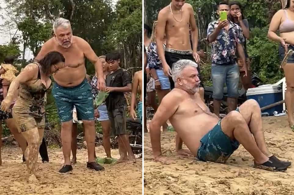 Petecão é desafiado a escorregar em barranco no Rio Iquiri: “todo doído”