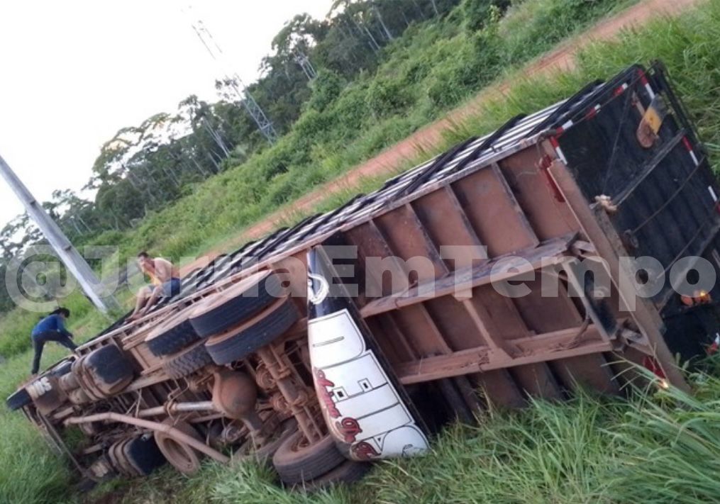 Caminhão carregado com bois tomba na BR-364; motorista tem ferimentos leves
