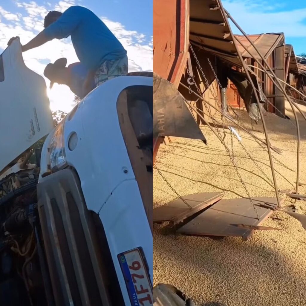 Homem discute com a mulher no celular e capota carreta de soja na BR-364