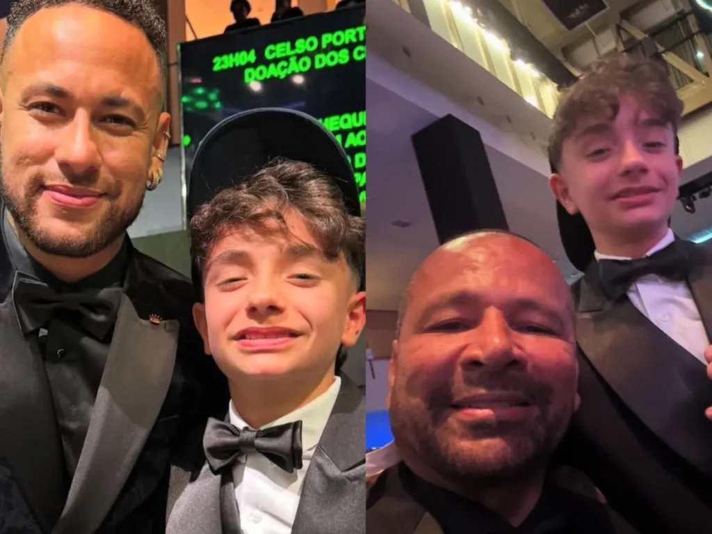 Filho de Gladson tira foto com Neymar e o pai do jogador durante evento em São Paulo