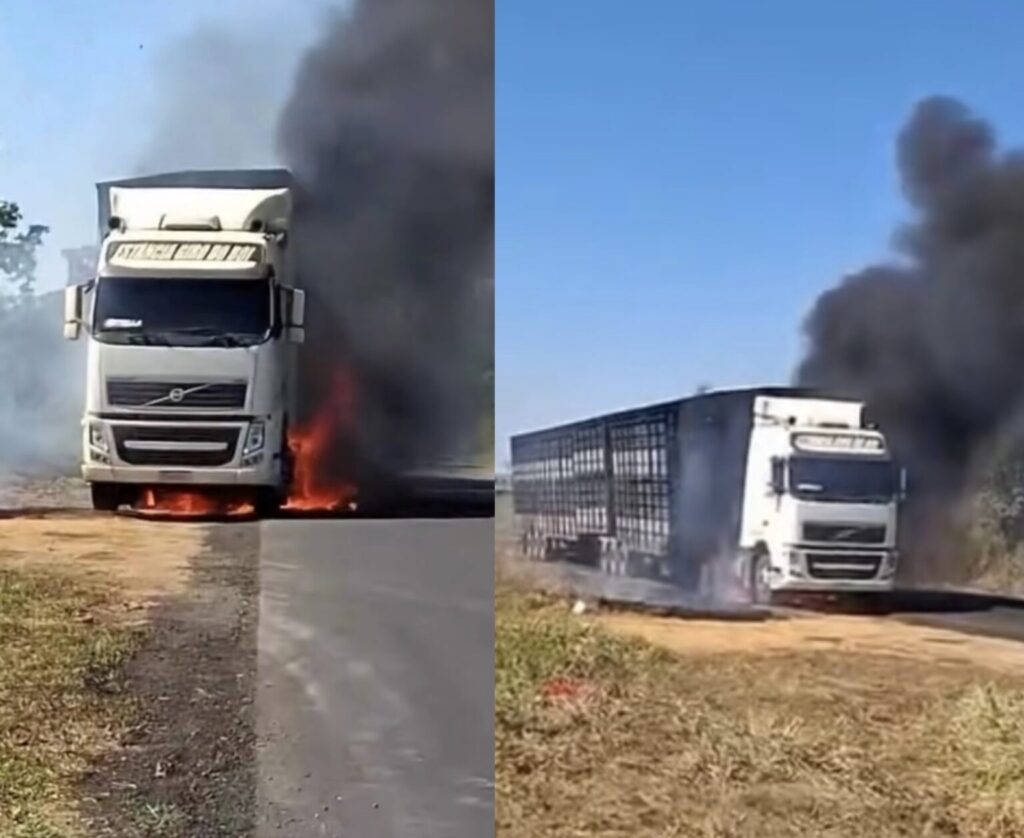 Caminhão boiadeiro pega fogo em estrada de Assis Brasil