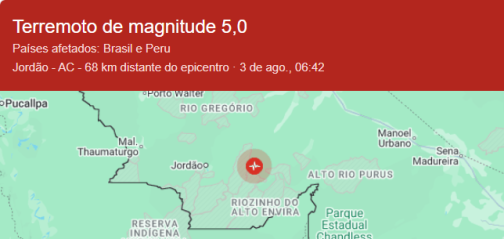 Tremor de terra de magnitude 5.0 é registrado próximo a Jordão, no Acre