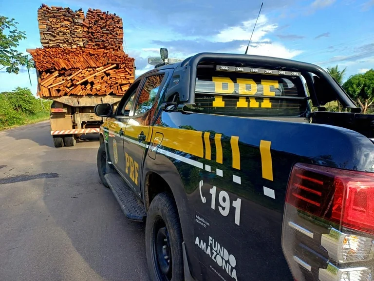 PRF apreende madeira irregular na BR-364 e investiga possível possível fraude ambiental